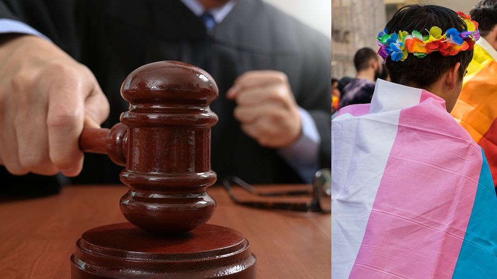 Male judge striking the gavel Transgender flag cape rainbow flower crown LGBTQIA pride march