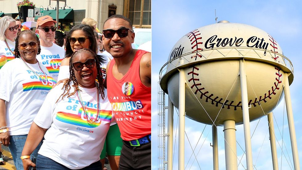 Marchers Stonewall Columbus Ohio Pride parade second largest LGBTQ festival in the Midwest nearby town Grove City baseball shaped water tower