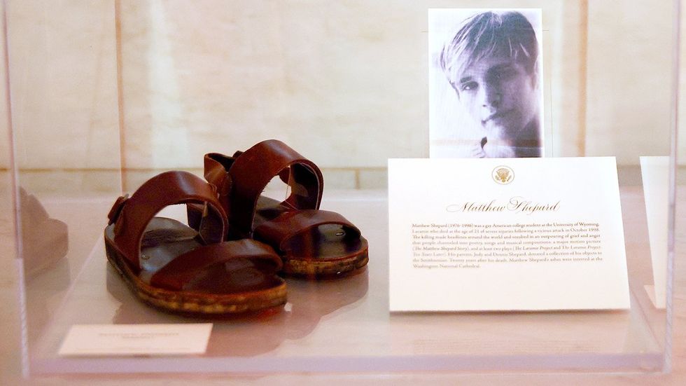 Matthew Shepard sandals displayed at the White House as part of the commemoration of LGBTQ Pride Month 2021 Shepard was a gay University of Wyoming student who was beaten tortured and left to die near Laramie WY in 1998