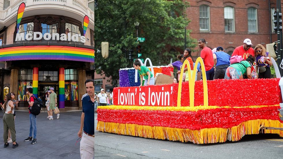 mcdonalds fast food decorated in rainbow flags and lovin it float for LGBTQIA pride parade