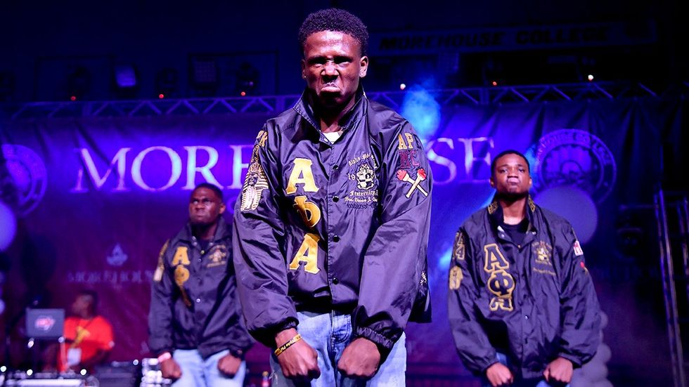 Members Alpha Phi Alpha Fraternity Inc perform a step routine Morehouse College 2022 Atlanta Georgia