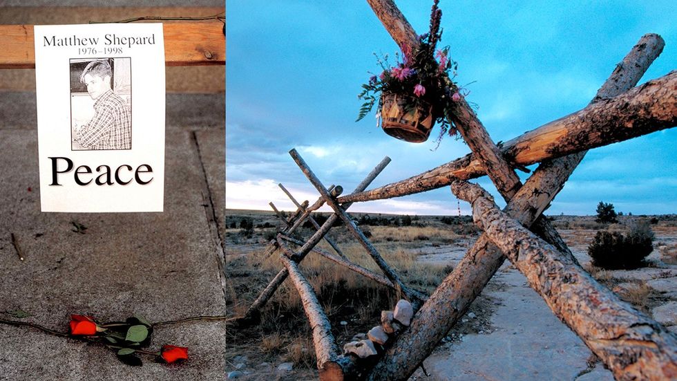 Memorial roses and poster during vigil for for Matthew Shepard openly gay University of Wyoming student who died of his wounds after savage assault by Aaron McKinney  Russell Henderson who left him tied to fence near death