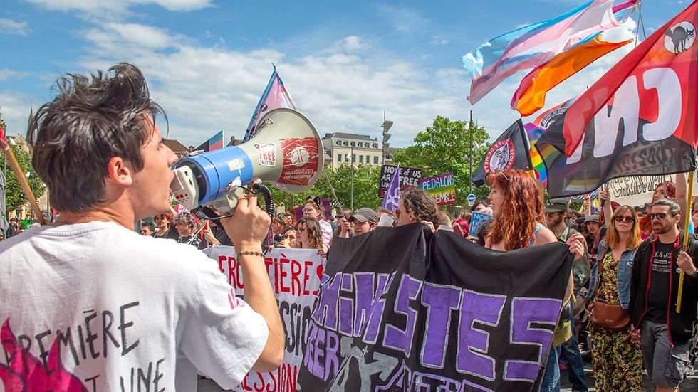 Metz FRANCE June 2024 LGBTQ march for freedom parade and demonstration in the streets over 9000 participants