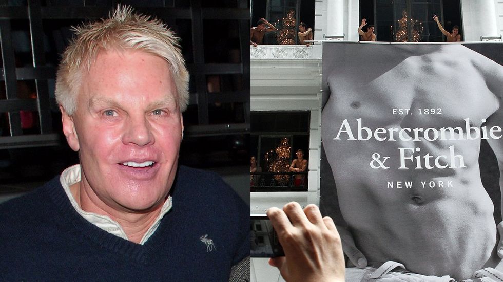 Mike Jeffries CEO Abercrombie and Fitch topless male models waving to a crowd from building behind a store billboard