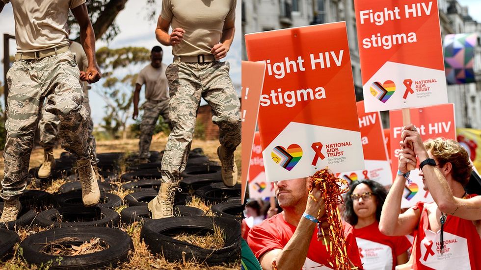 military bootcamp tire training fight HIV stigma LGBTQ march signs