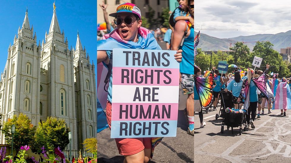 Mormon Church Temple Salt Lake City Utah 2024 LGBTQ pride parade transrights humanrights sign transgender flag capes marching