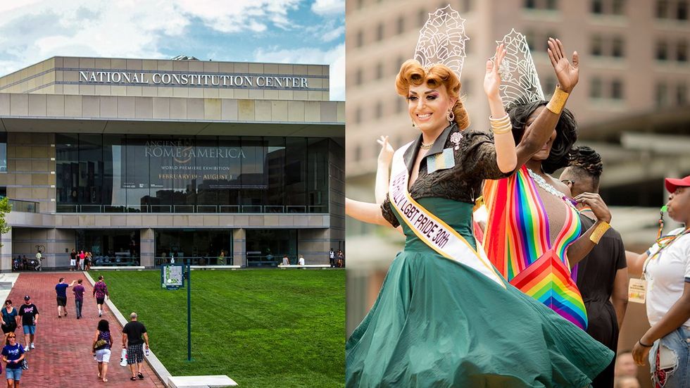 National Constitution Center Philadelphia Pennsylvania drag queens wave float 30th annual LGBTQ Pride Parade