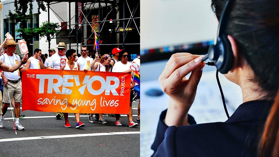 New York City Members of The Trevor Project with orange banner marching LGBTQIA Pride Parade call center employee at desk wearing headset