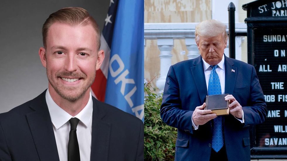 Oklahoma State Superintendent of Public Instruction Ryan Walters official portrait Donald Trump holds a Bible while visiting St Johns Church across from the White House after the area was cleared of people protesting the death of George Floyd