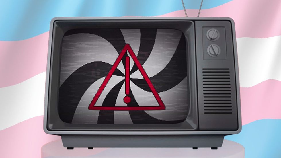 old black white tv with warning sign on screen with transgender flag background