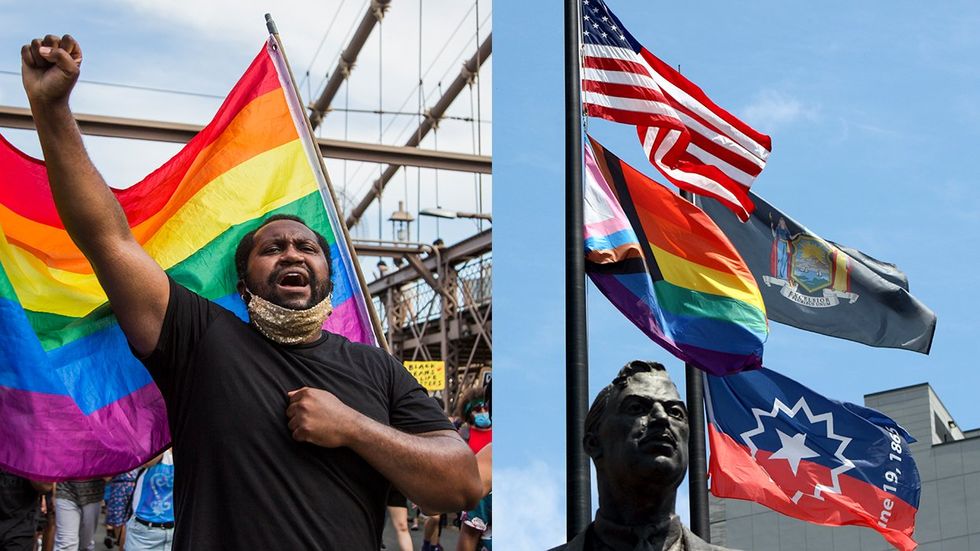 OPED gay Black man marching across NYC brooklyn bridge on Juneteenth LGBTQ pride month flags statue of Adam Clayton Powell Jr Harlem