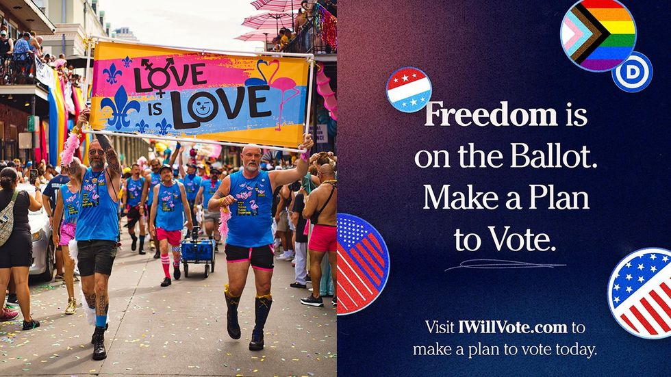 Participants carry a Love is Love banner in the Southern Decadence Parade on Bourbon Street in New Orleans DNC ad LGBTQ publications freedom is on the ballot make a plan to vote