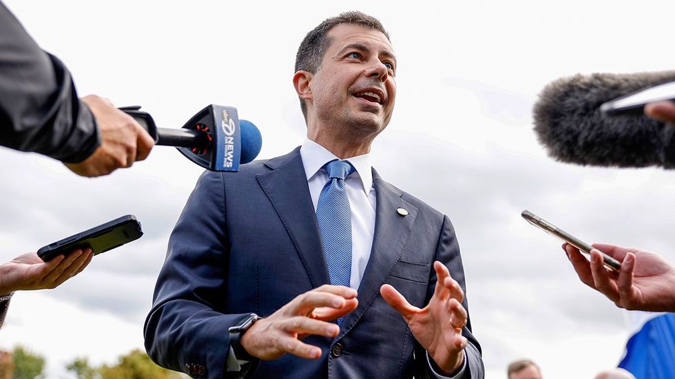 Pete Buttigieg speaking to press