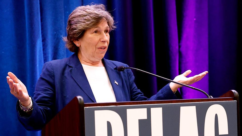 PFLAG National Flag Bearer Award recipient Randi Weingarten President American Federation of Teachers speaks on stage Love Takes Justice Event Washington DC