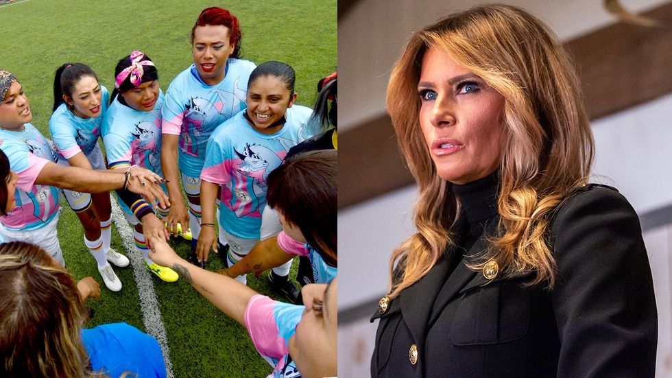 Players on Chicas Trans football team huddle LGBT plus Cup in Mexico City June 2024 former First Lady Melania Trump speaks to supporters at Make America Great Again campaign rally Wapwallopen PA