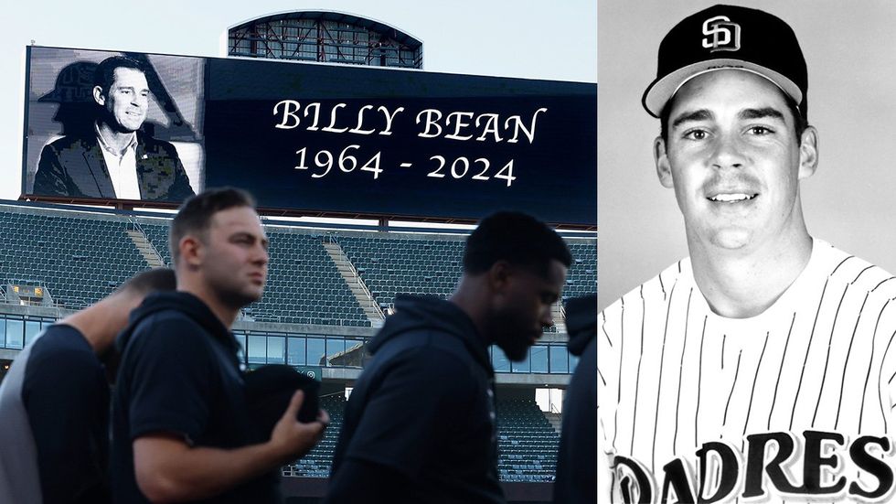 Players pause moment of silence in memory of Billy Bean before game Oakland Coliseum player Billy Bean 21 San Diego Padres portrait 1994