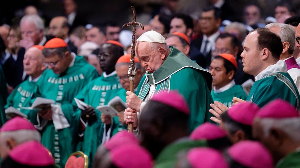 Pope Francis celebrates a Mass for the closing of the 16th General Assembly of the Synod of Bishops in St Peters Basilica at the Vatican on October 27 2024