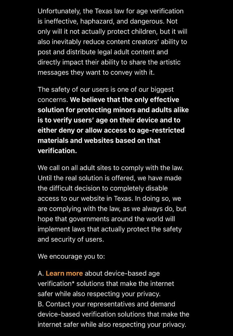 Pornhub suspends Texas access after age-verification passes