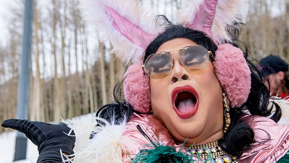 Professional chef Arnold Myint performs as SuzyWong during the drag race of Telluride Colorado Gay Ski Week