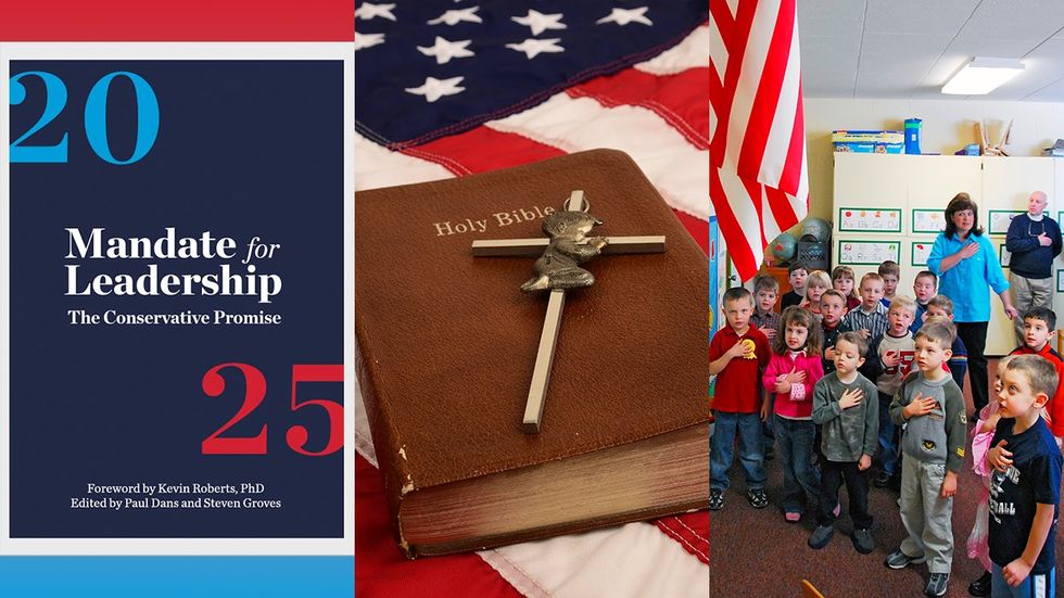 Project 2025 report cover american flag holy bible cross child praying school classroom pledge of allegiance