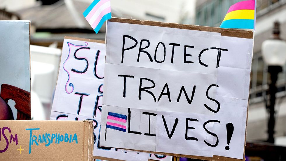 protect trans lives march sign flags