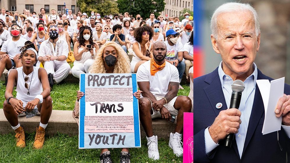 protect trans youth rights protest crowd Brooklyn New York Joe Biden passionate speaking into microphone