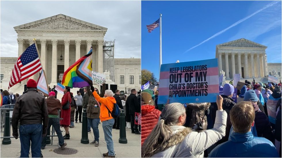 Protesters with American flag, and Progress Pride flag outside of the Supreme Court; Protester holds up sign that reads "Keep legislators out of my child's doctor's appointments"