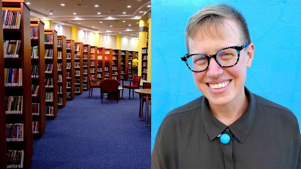 Public library book shelves reading room out lesbian librarian Emily Drabinski President of the American Library Association