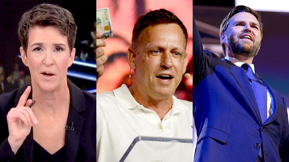 rachel maddow MSNBC commentary billionaire Peter Thiel holding money republican VP runningmate JD Vance RNC 2024 stage