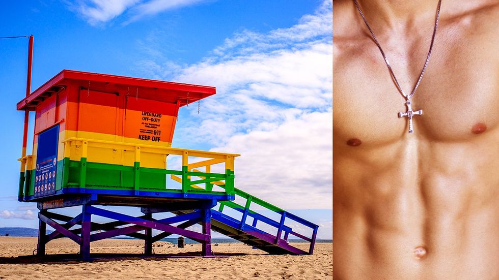 rainbow Life guard tower los angeles california lgbtq pride month Christian lifeguard body cross necklace