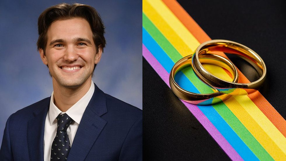 Rep Josh Schriver Michigan House of Representatives gold wedding bands on top of rainbow ribbon across black table