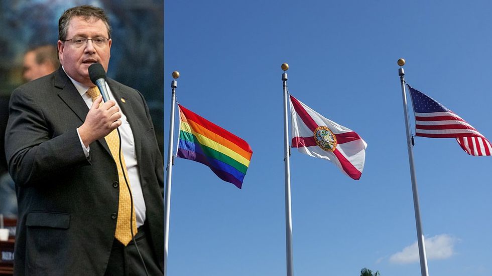 Rep Randy Fine Florida three flags flying against blue sky LGBTQ rainbow pride flag florida state flag USA flag