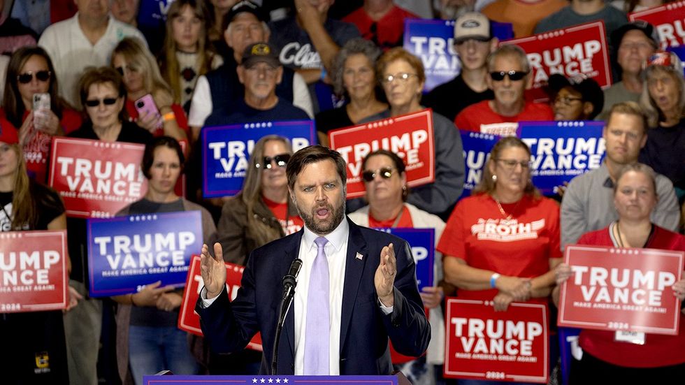 Republican vice presidential nominee US Senator JD Vance speaks to supporters during a campaign event