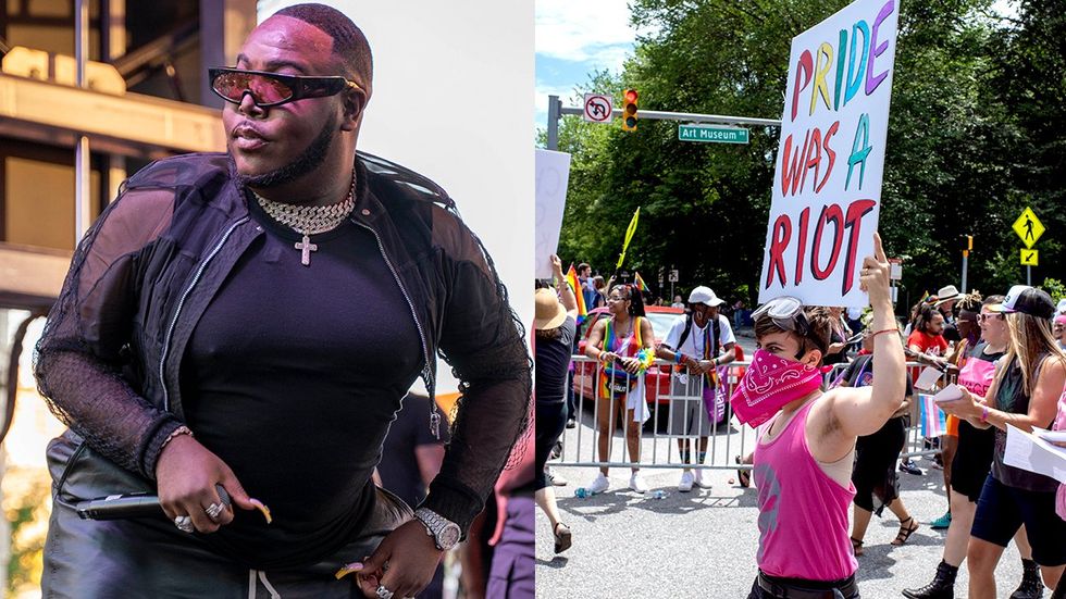 Saucy Santana performing 2024 baltimore lgbtq pride festival parade sign pride was a riot