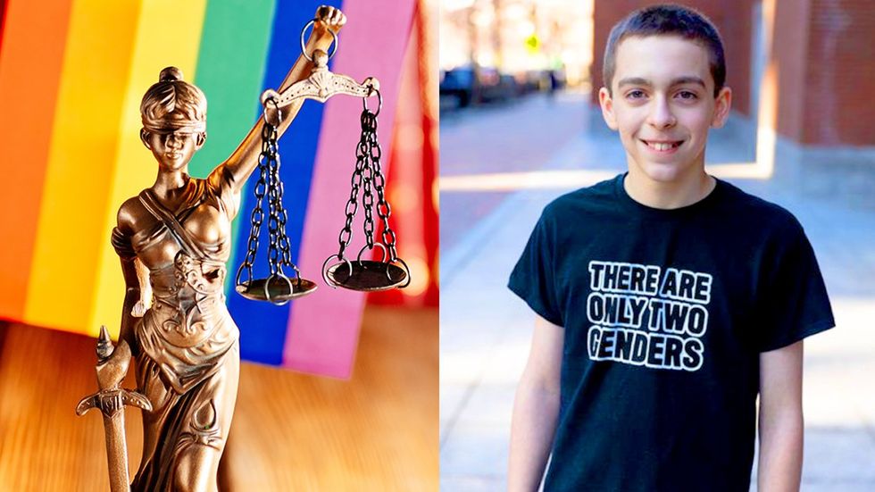 scales of justice statue rainbow flag lgbtq pride Liam Morrison Middleborough MA two genders tshirt