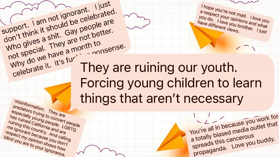 screenshots of lgbtq hate text messages received by the author set on a background of paper airplanes