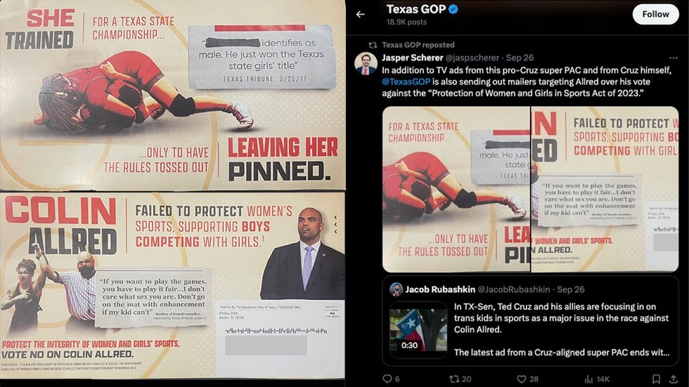 Texas GOP mailer transgender misinformation targeting Colin Allred for Senate Ted Cruz opponent as tweeted by jaspscherer retweeted TexasGOP