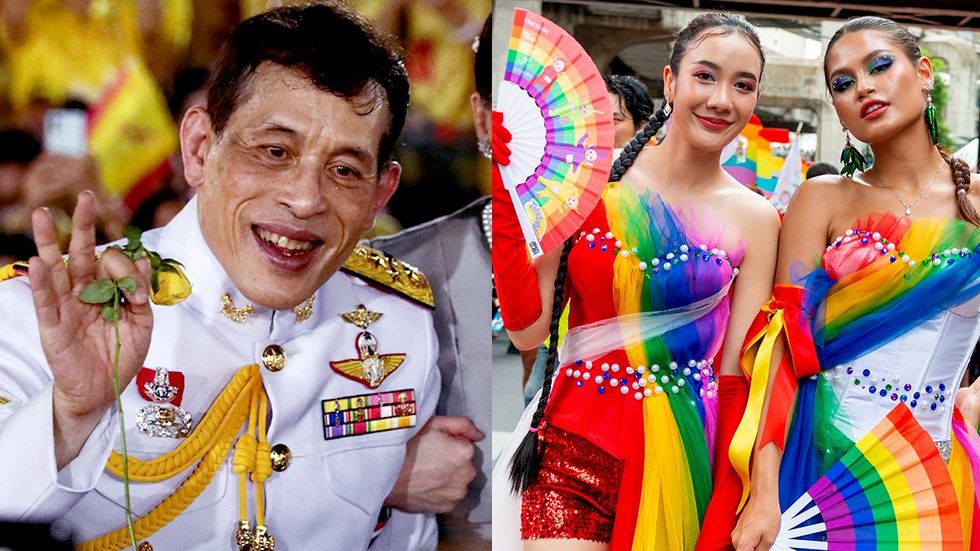 Thailand King Maha Vajiralongkorn greets supporters outside Grand Palace Bangkok two brides lesbian queer LGBTQ parade Pride Festival 2024 Celebration Of Love Rama 1 road Pathumwan district