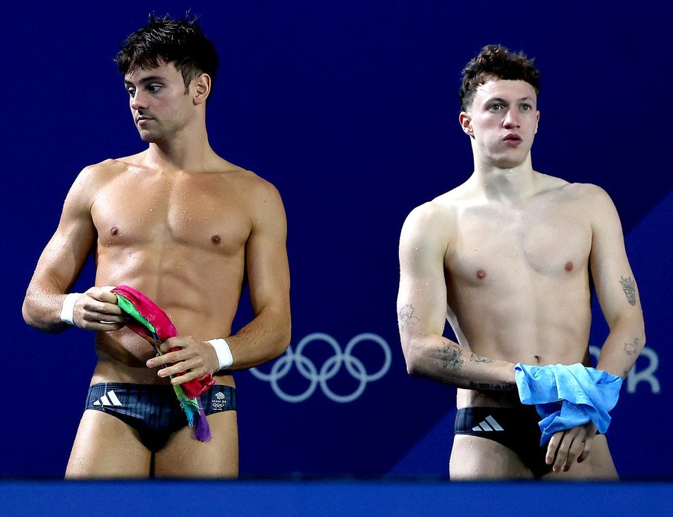 Tom Daley and Noah Williams of Team Great Britain train during a diving training session ahead of the Paris Olympic Games