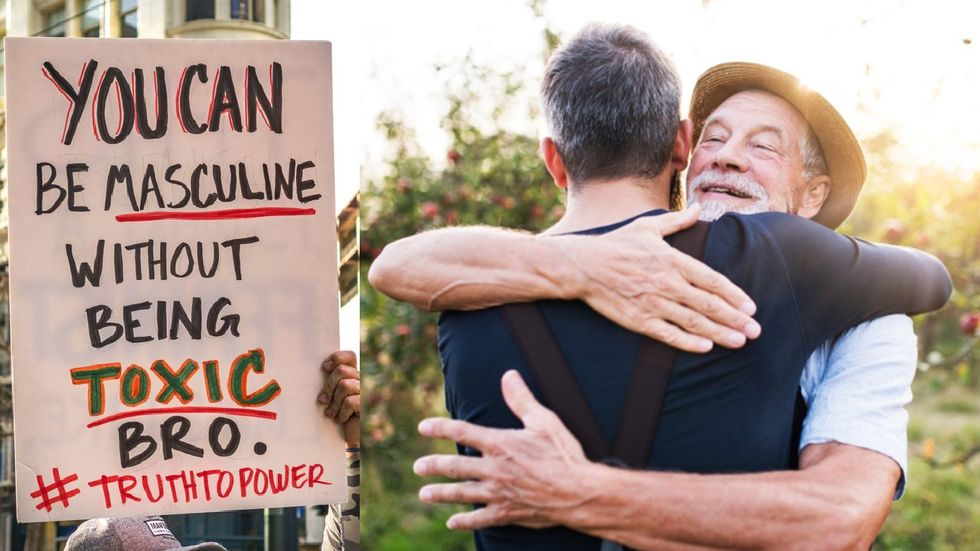 Toxic masculinity sign; men hugging