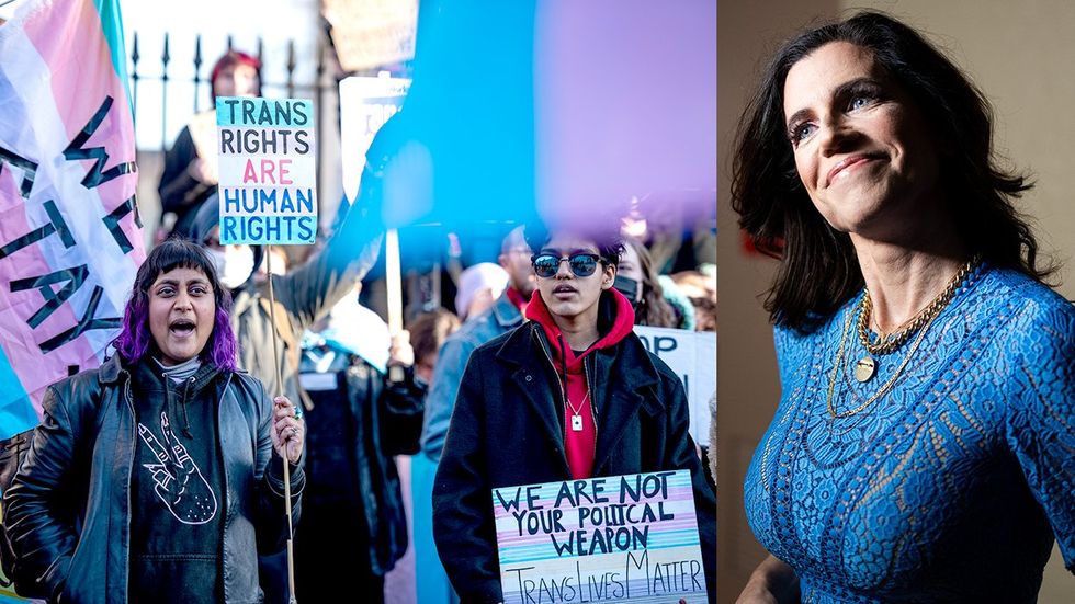 Trans Rights Protest signs and flags Nancy Mace arrives for the House Republican Conference caucus meeting US Capitol building