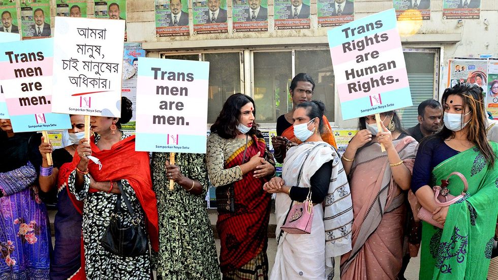 Transgender hijra people gender diverse population form human chain to demand 8 points of gender identity in front of National Press Club in Dhaka Bangladesh 2022