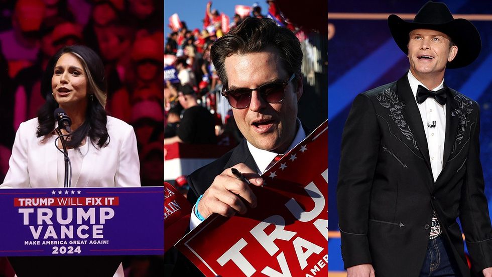 Tulsi Gabbard from Hawaii speaks trump rally 2024 Rep Matt Gaetz prepares to sign a Trump Vance sign Pete Hegseth speaks onstage during the 2023 FOX Nation Patriot Awards at The Grand Ole Opry