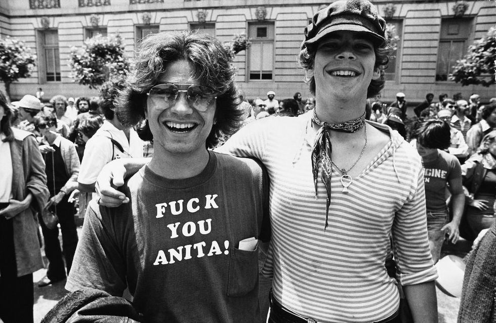 Two men attend the 5th Gay Freedom Day (San Francisco Pride) on June 26, 1977 in San Francisco, USA. The man on the left is wearing a T-shirt opposing anti-gay activist Anita Bryant. (Photo Credit: Archive Photo/Getty Images) (Photo Credit: Archive Photo/Getty Images)