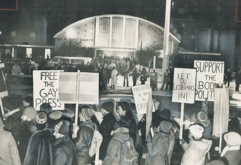 LGBTQ+ people and supporters protest outside People's Church during a rally in Toronto by Anita Bryant in 1978.