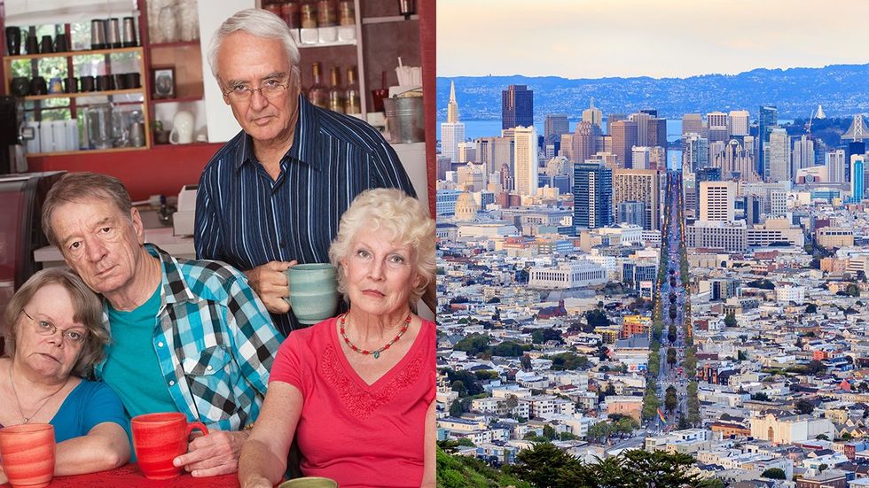 unhappy group senior citizens having coffee san francisco skyline market st castro district to the bay