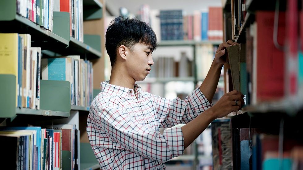 university student library bookshelves