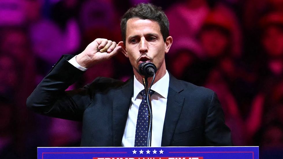 US comedian Tony Hinchcliffe speaks during a campaign rally for former US president and Republican presidential candidate Donald Trump at Madison Square Garden in New York City