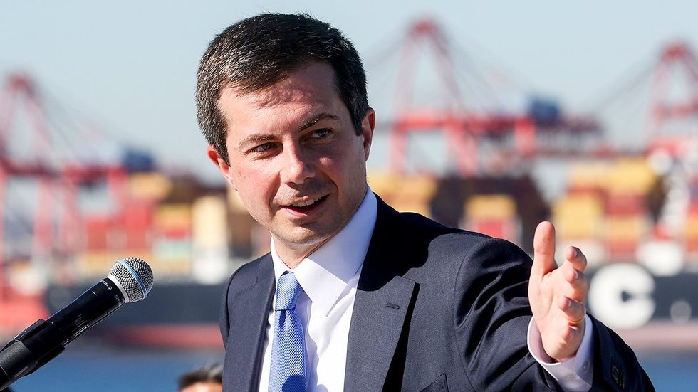 US Department of Transportation Secretary Pete Buttigieg speaks to the media after touring the ports of Los Angeles and Long Beach