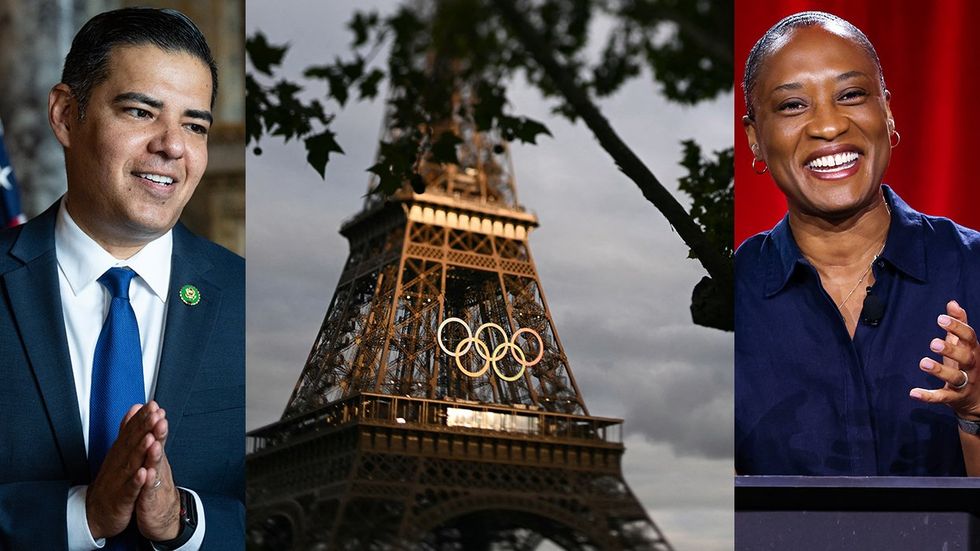 US Reps Robert Garcia Laphonza Butler sunset on the Olympic Rings Eiffel Tower Paris 2024 Olympic Games